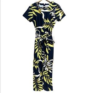 Leaf Tropical Romper Jumpsuit Pockets Waist Tie